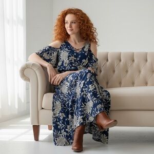 Dex Cold Shoulder V-neck Blue Dahlia Floral Print Feminine Maxi Dress Size M